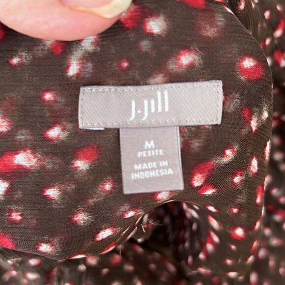 J Jill LS sheer blouse brown w/ red white print GUC last picture shows colors - Picture 16 of 16
